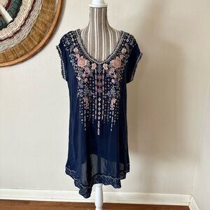 Johnny Was Embroidered Navy Floral Mini Dress Woman's Small